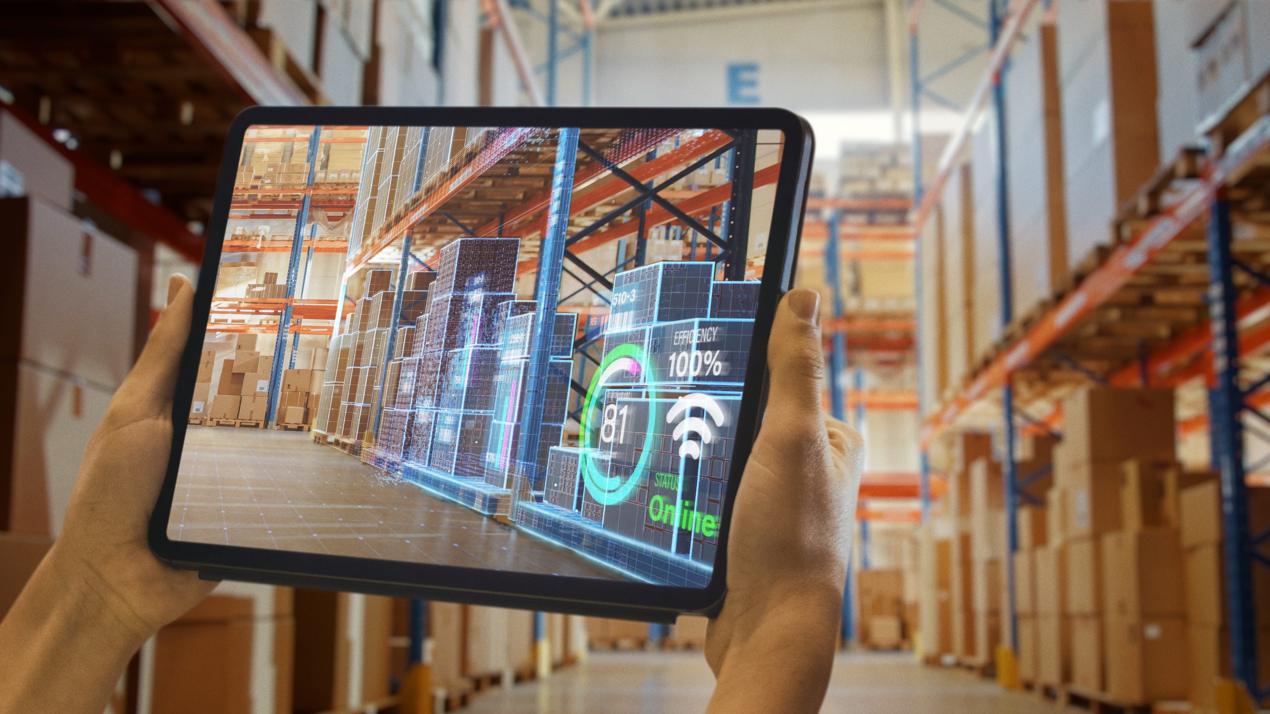 Futuristic Technology Warehouse: Worker Doing Inventory And Using Augmented Reality Application On Tablet. Digitalization Process Analyzes Products with Delivery Infographics in Distribution Center