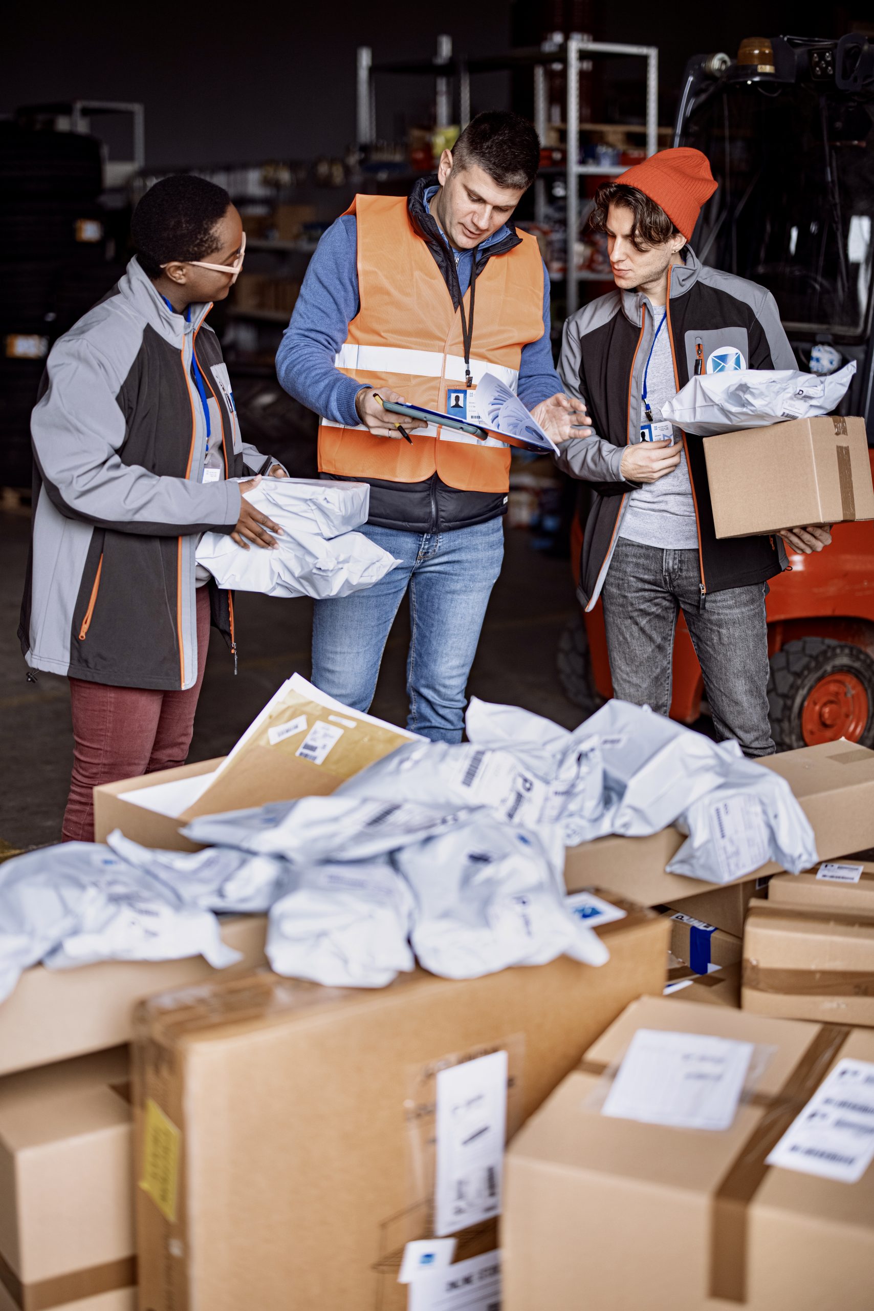 Delivery employees preparing their parcel for dispatch at warehouse