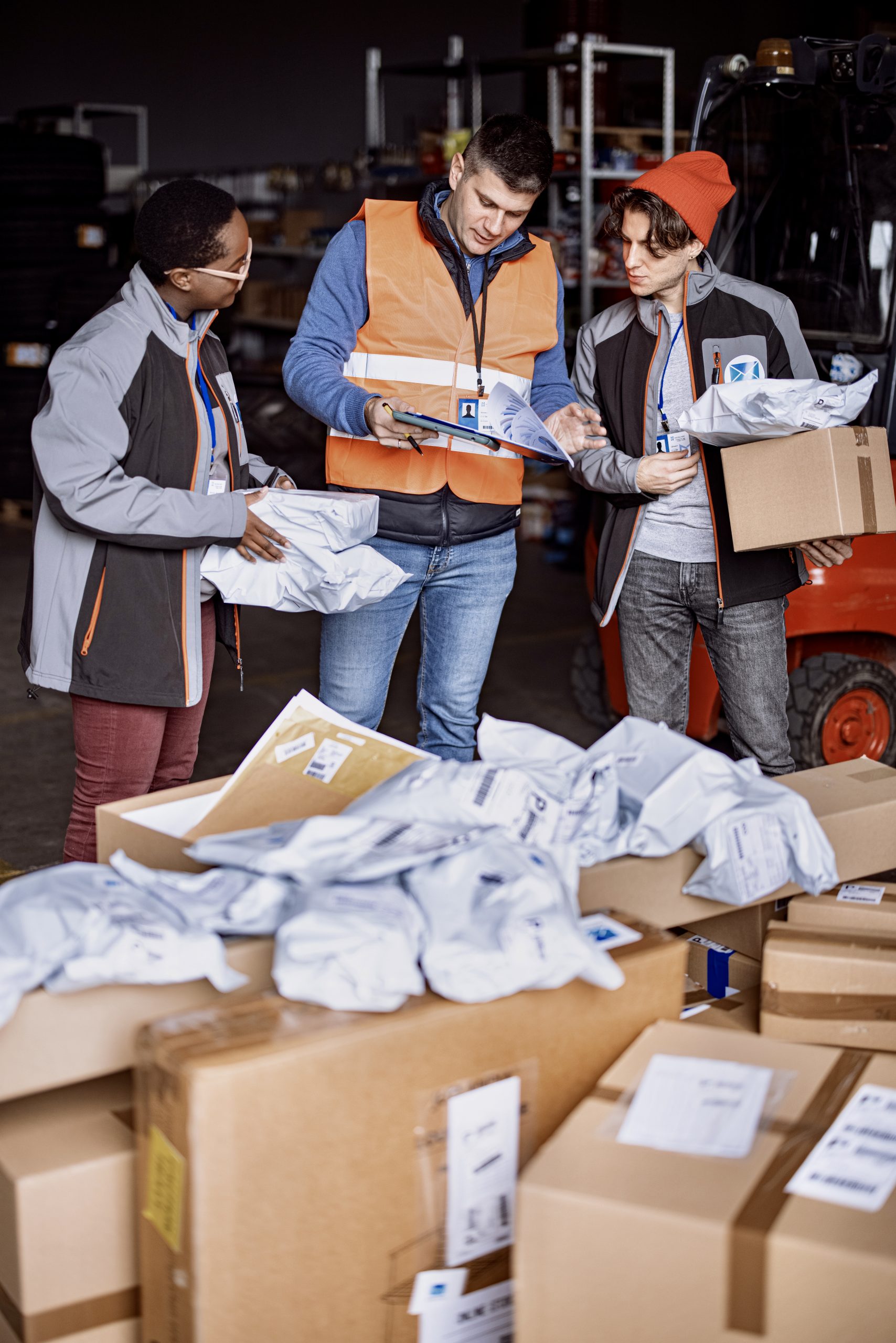 Manager with clipboard sharing delivery schedule with team Delivery employees preparing their parcel for dispatch at warehouse