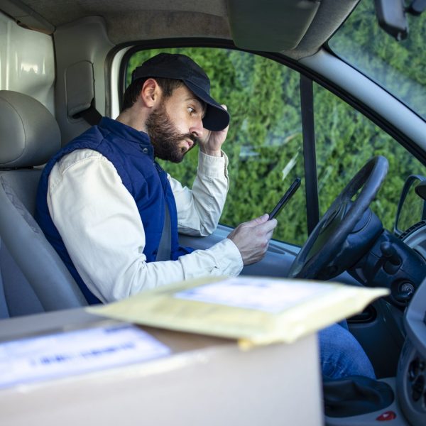 Delivery man in his van having difficulties finding the address to deliver parcel.