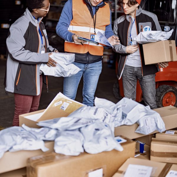 Delivery employees preparing their parcel for dispatch at warehouse